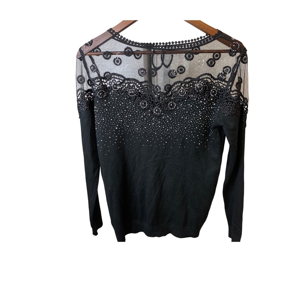 YILAN Women's Black Lace Rhinestone Sweater Sheer Yoke Long Sleeve Top SizeSmall